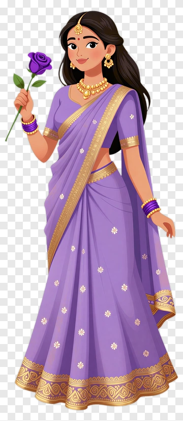 Woman In Purple Saree Holding A Rose PNG