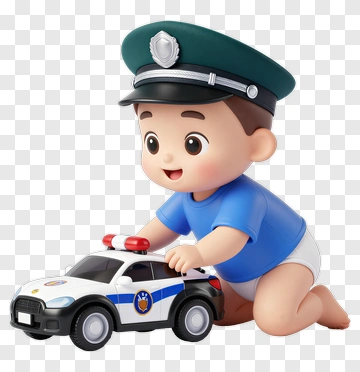 Cartoon Baby Police Officer Playing With Toy Car PNG