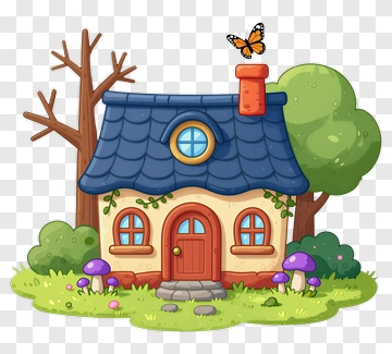 Cartoon House With Butterfly And Trees PNG