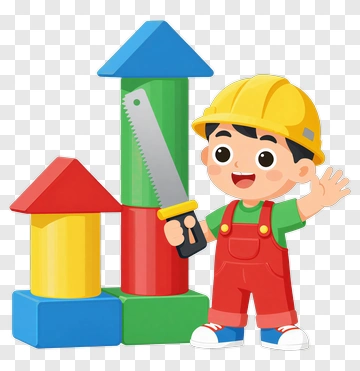 Cartoon Boy Holding A Saw Next To Building Blocks PNG