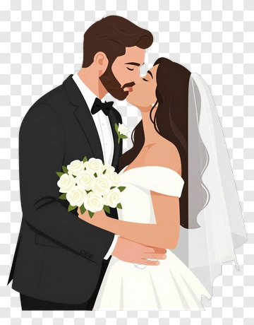 Wedding Couple Kissing With Bouquet PNG