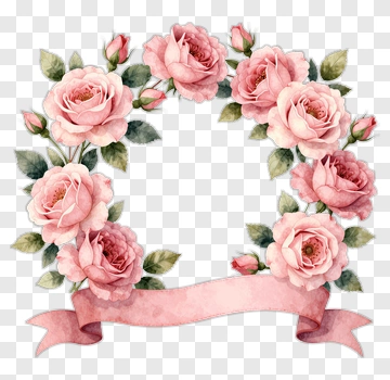 Watercolor Rose Floral Wreath With Ribbon PNG