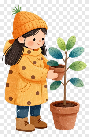 Girl In Yellow Coat Holding A Potted Plant PNG