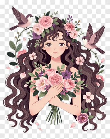 Woman Holding A Bouquet Of Flowers With Birds PNG