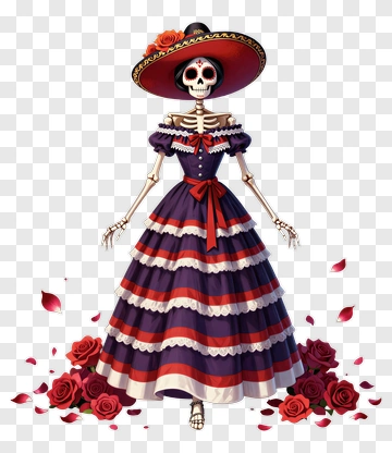 Skeleton Woman In A Colorful Dress With Roses PNG