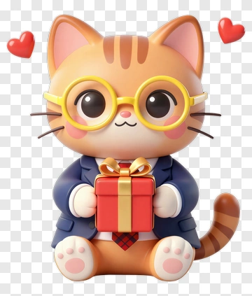 3D Cat Holding A Gift Box PNG