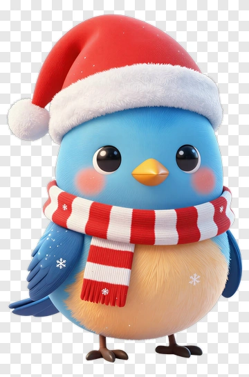 Cartoon Blue Bird Wearing A Christmas Hat And Scarf PNG