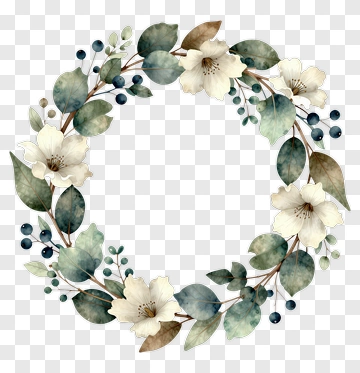 Floral Wreath With Green Leaves And White Flowers PNG