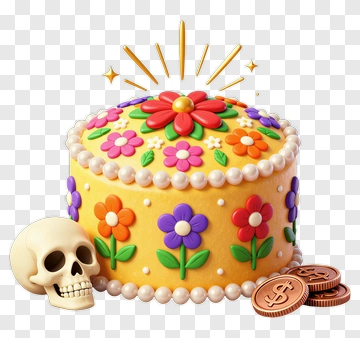 Colorful Cake With Flowers And Skull PNG