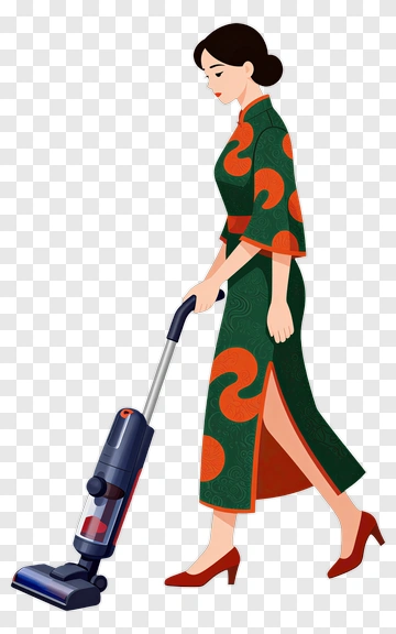 Woman In Kimono Vacuuming PNG