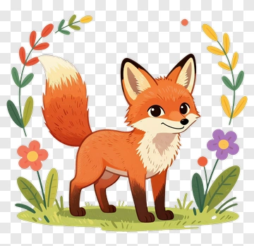 Cartoon Fox In A Colorful Flower Garden PNG