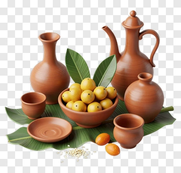 Clay Pottery Set With Fruits On Leaves PNG
