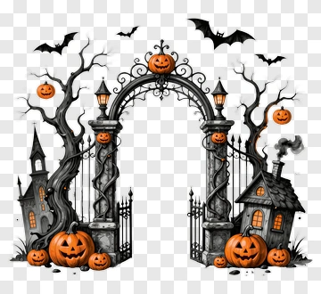 Halloween Pumpkin Archway With Bats And Haunted House PNG