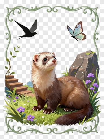 Cartoon Ferret In A Nature Scene With Flowers And Butterflies PNG