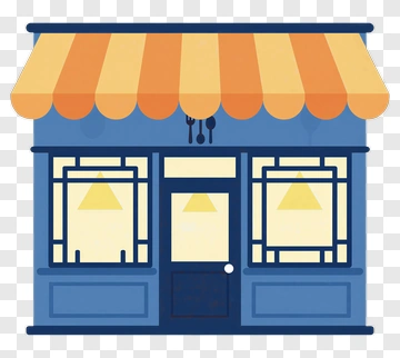 Blue Restaurant Building With Orange Awning PNG