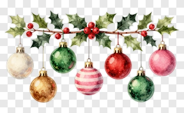 Colorful Christmas Ornaments Hanging On Holly Branch PNG