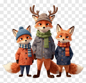 Cartoon Fox Family In Winter Attire PNG