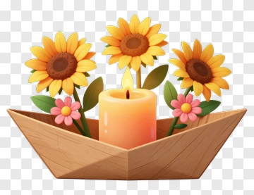 Wooden Boat With Sunflowers And Candle PNG