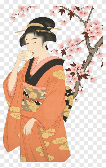 Woman In Kimono Holding A Drink PNG
