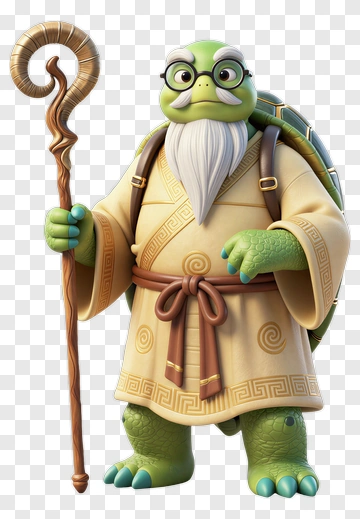 Wise Cartoon Turtle Holding A Staff PNG