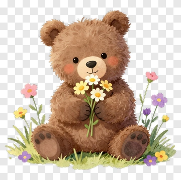 Cute Bear Holding Flowers PNG