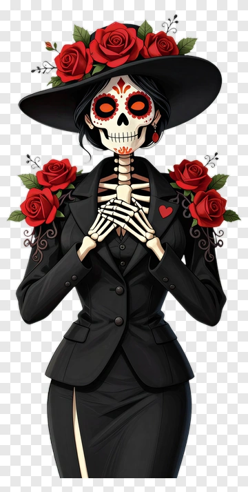 Cartoon Skeleton Woman With Roses PNG