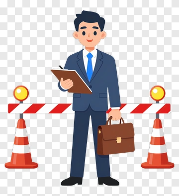 Businessman Holding A Clipboard In Front Of Construction Barriers PNG