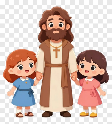 Cartoon Jesus With Two Children Holding Hands PNG