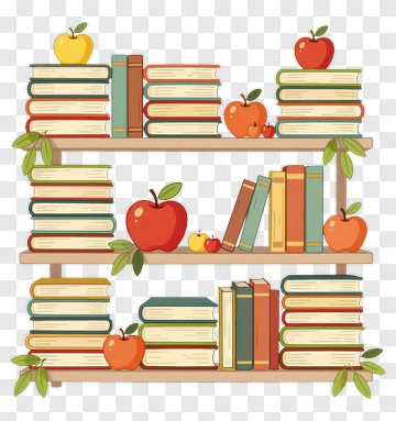 Colorful Bookshelf With Apples PNG