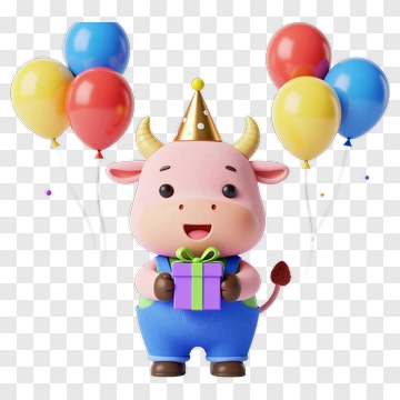Cartoon Cow Holding A Gift With Balloons PNG