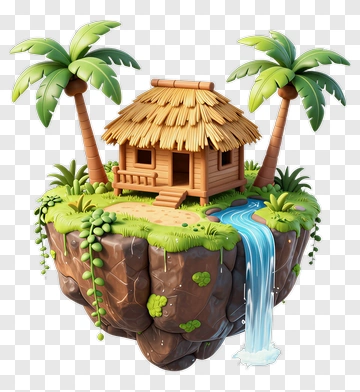 Tropical Hut With Waterfall And Palm Trees PNG