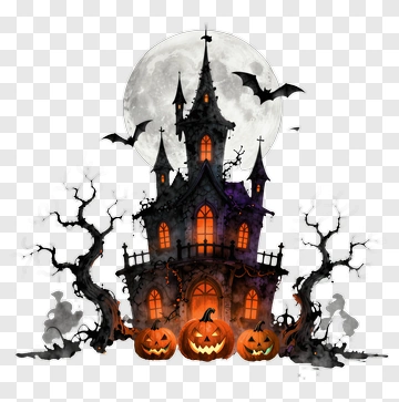 Haunted House With Halloween Pumpkins PNG