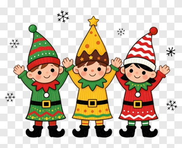 Cartoon Christmas Elves Celebrating Together PNG