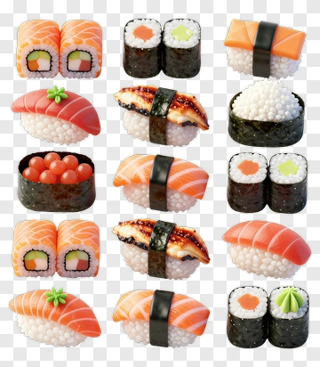 Sushi Assortment With Various Types And Styles PNG