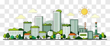Colorful Cityscape With Greenery And Sun PNG