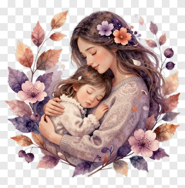 Mother Holding Sleeping Child In Floral Embrace PNG
