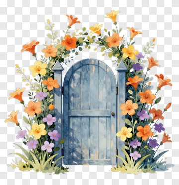 Floral Archway With Blue Door PNG