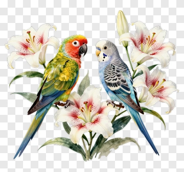 Colorful Parrots And Lilies PNG