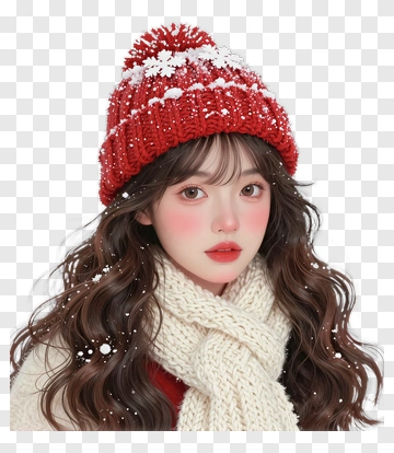 Young Woman In A Red Winter Hat And Scarf PNG