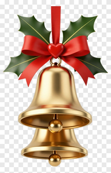 Golden Christmas Bell With Holly And Ribbon PNG