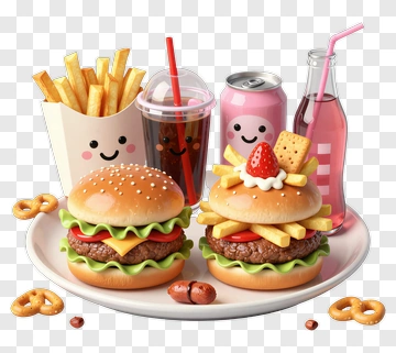 Delicious Fast Food Meal With Burgers And Drinks PNG