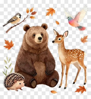 Cartoon Forest Animals With Autumn Leaves PNG