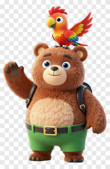 Cartoon Bear Waving With A Parrot On Its Head PNG