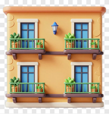 3D Building With Balconies And Plants PNG