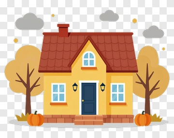 Cartoon House With Pumpkins And Trees PNG