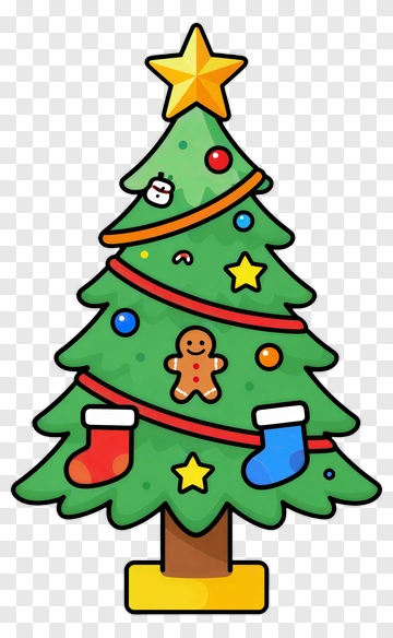 Cartoon Christmas Tree With Ornaments And Stockings PNG