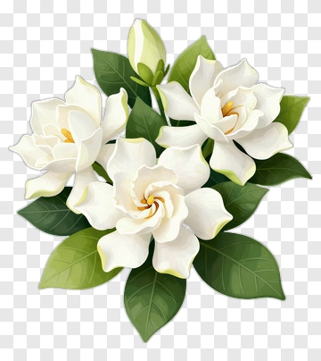 White Gardenia Flowers With Green Leaves PNG
