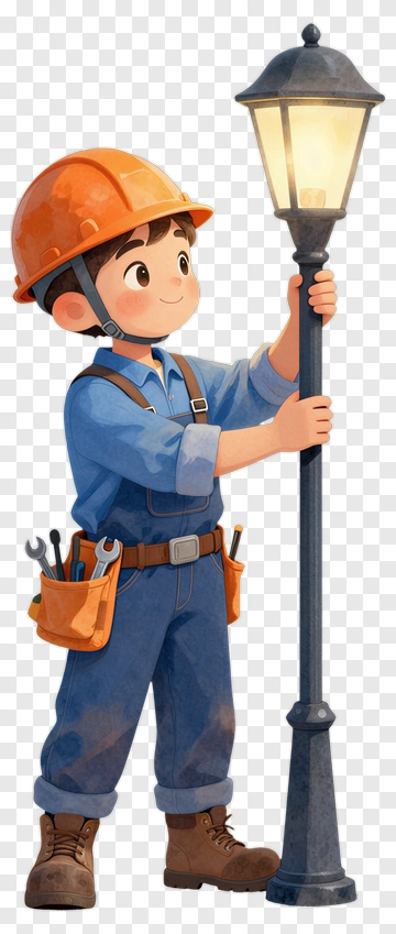 Cartoon Boy Holding A Street Lamp PNG