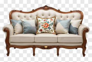 Elegant Upholstered Sofa With Decorative Cushions PNG