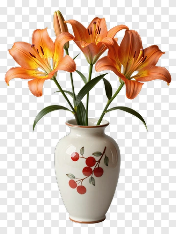 Orange Lily Bouquet In A Decorative Vase PNG
